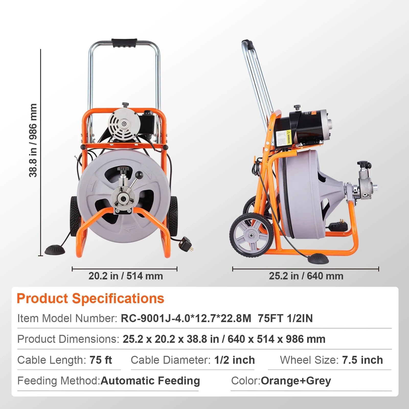 Elektrische Afvoerreiniger - Ontstoppingsveer - Rioolreinigersveer - 75FT - Opvouwbare - 1/2 Inch Afvoerontstopper - Handgreep - en Wielen - met Automatische Voeding - 8 Snijbladen - Oranje en Grijs - QUORE