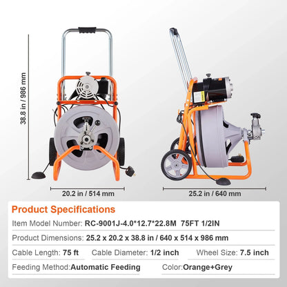Elektrische Afvoerreiniger - Ontstoppingsveer - Rioolreinigersveer - 75FT - Opvouwbare - 1/2 Inch Afvoerontstopper - Handgreep - en Wielen - met Automatische Voeding - 8 Snijbladen - Oranje en Grijs - QUORE