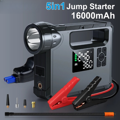 5-in-1 - Auto-Starthulp - Draagbare Zaklamp - Startapparaat Power Bank - Automotive Booster-start - met Luchtcompressor - 12000-18000mAh - 1000A - 150PSI - 12V - 10W - 1300LM - Zwart