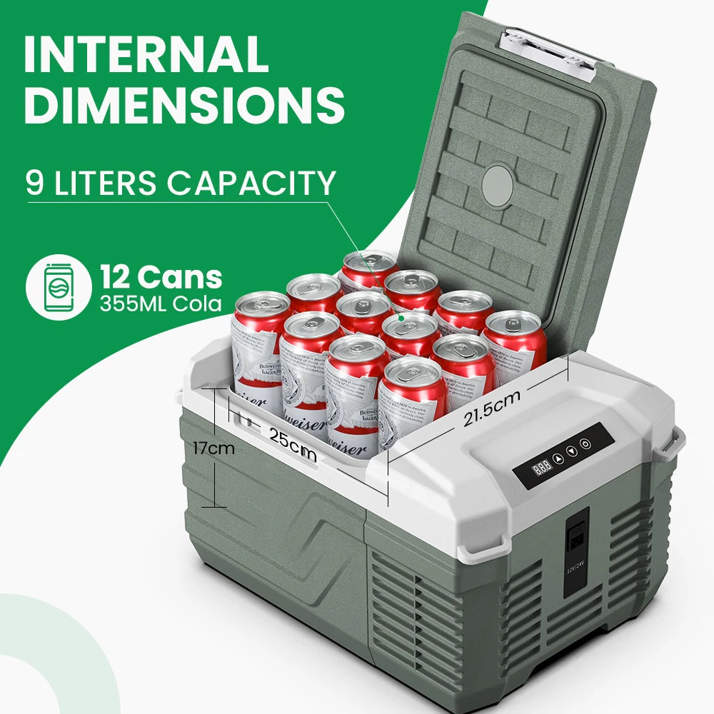 Mini Koelkast - Auto Koelkast - Draagbare Compressor Koelbox - Elektrische Vriesbox - met Veiligheidssleuven voor Vastbinden - voor Camping - Auto - Vrachtwagen - Boot - 9L - 100V~240V AC - 12/24 DC - 46 x 32.8 x 26 cm - Groen