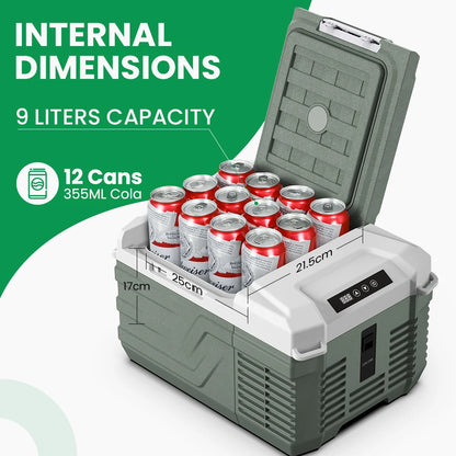Mini Koelkast - Auto Koelkast - Draagbare Compressor Koelbox - Elektrische Vriesbox - met Veiligheidssleuven voor Vastbinden - voor Camping - Auto - Vrachtwagen - Boot - 9L - 100V~240V AC - 12/24 DC - 46 x 32.8 x 26 cm - Groen
