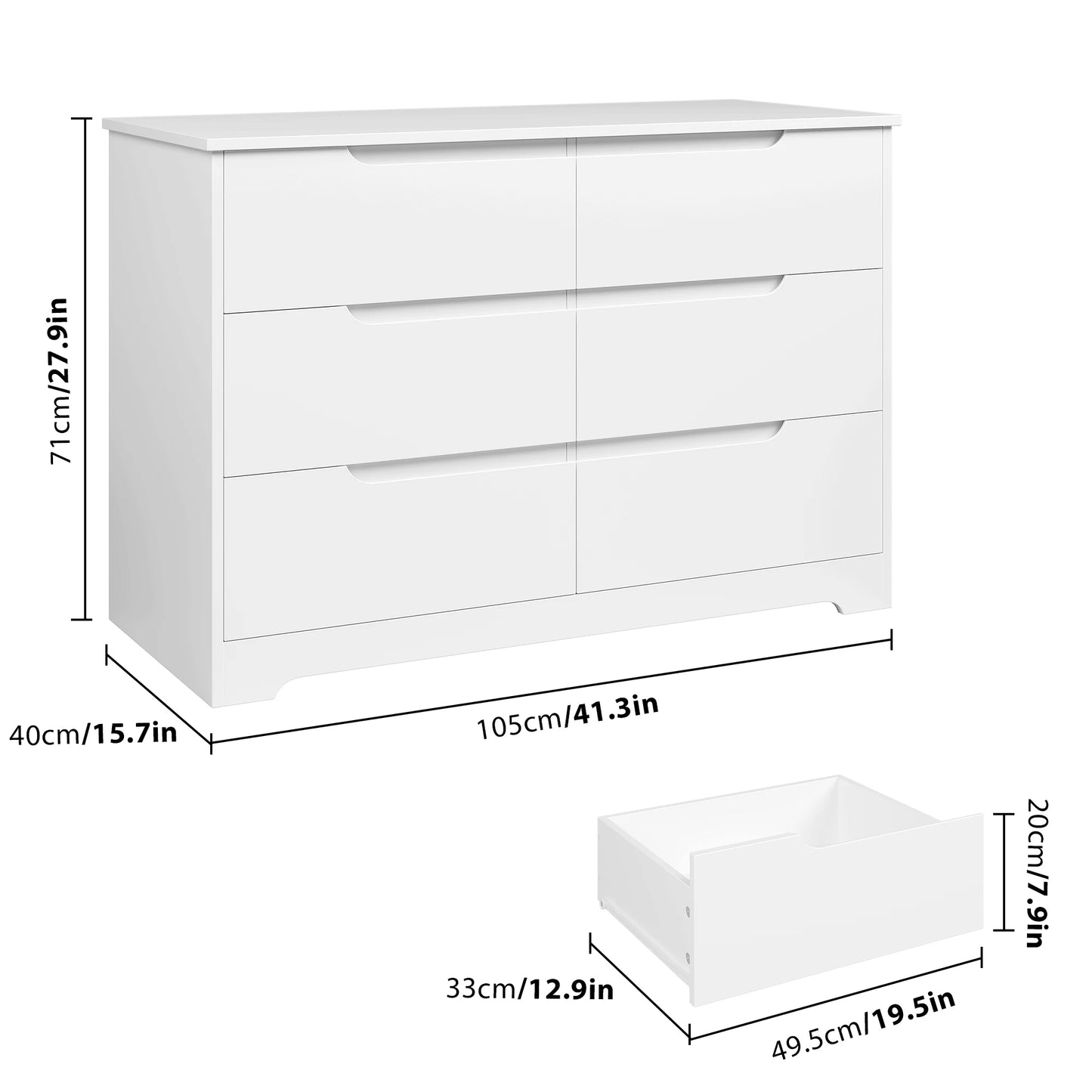 Ladekast 6 Lades – Ladekast Wit – Ladeblok – Opbergkast – Kast Slaapkamer – Modern Minimalistisch Design – Afmetingen 105x40x71 cm – Stevig MDF Metalen Rails - QUORE