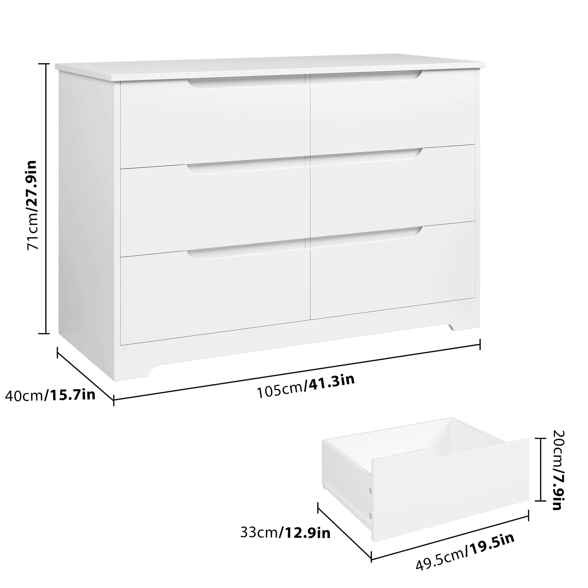 Ladekast 6 Lades – Ladekast Wit – Ladeblok – Opbergkast – Kast Slaapkamer – Modern Minimalistisch Design – Afmetingen 105x40x71 cm – Stevig MDF Metalen Rails - QUORE