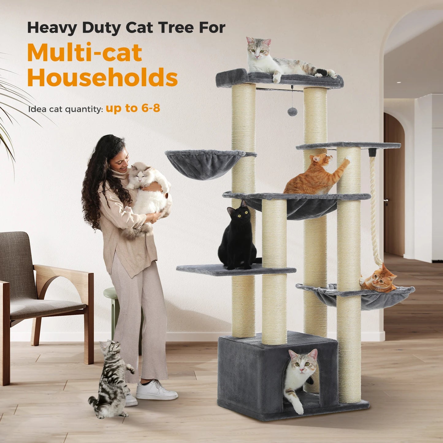 Krabpaal – Kattenboom – Kattenhuis – Krabton – Kattentoren – Extra Groot 169 cm – 13 Dikke Sisal Krabpalen