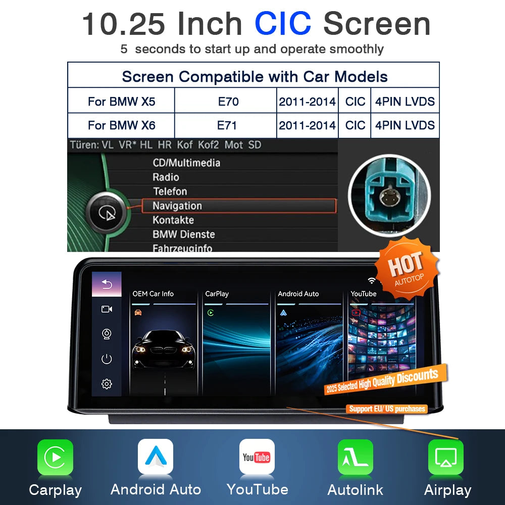 Multimedia Display BMW – CarPlay Systeem – Android Auto – Touchscreen Navigatie – YouTube Player – Draadloze Connectiviteit – 10,25 Inch Scherm – Achteruitrijcamera Ondersteuning