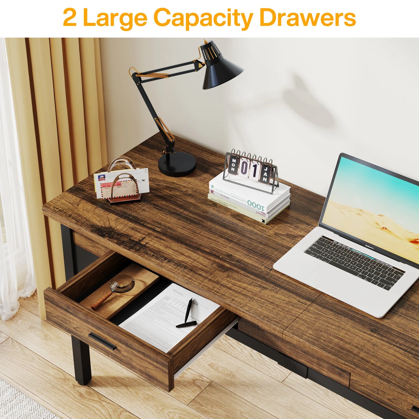 Bureau – Computerbureau – Bureautafel – Schrijftafel – Dubbel bureau – Extra Lang 200 cm – Stevig Metalen Frame – 2 Laden & 2 Haken – Chocoladebruin - QUORE