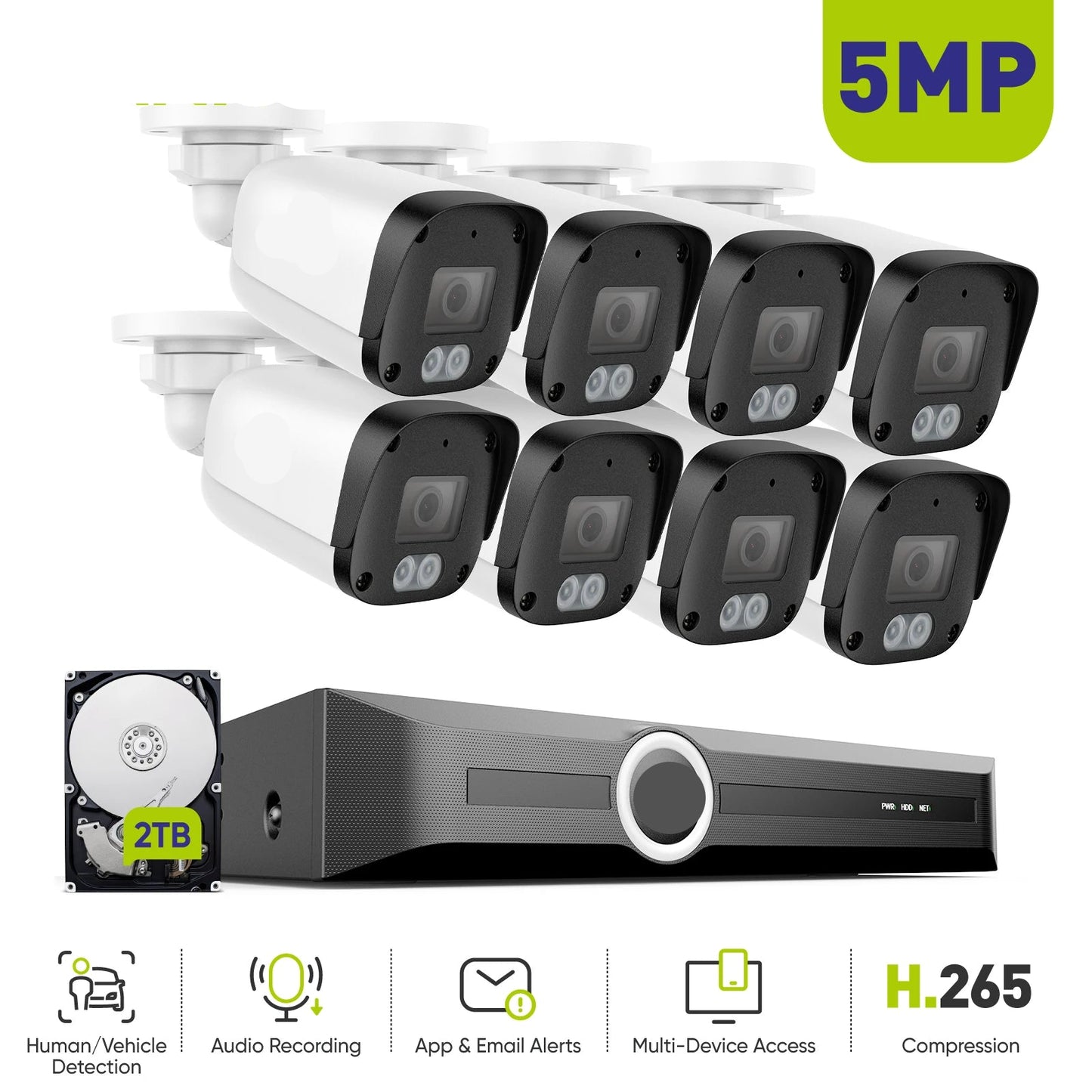 8-Kanaals Beveiligingsset – Beveiligingscamera Set – IP Camera Systeem – CCTV Camera Set – 5MP Beeldkwaliteit – Nachtvisie Tot 30 Meter – Weerbestendig IP67 - Ingebouwde HDD: 4T