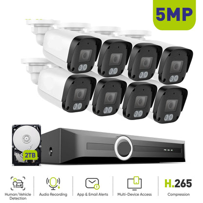 8-Kanaals Beveiligingsset – Beveiligingscamera Set – IP Camera Systeem – CCTV Camera Set – 5MP Beeldkwaliteit – Nachtvisie Tot 30 Meter – Weerbestendig IP67 - Ingebouwde HDD: 4T