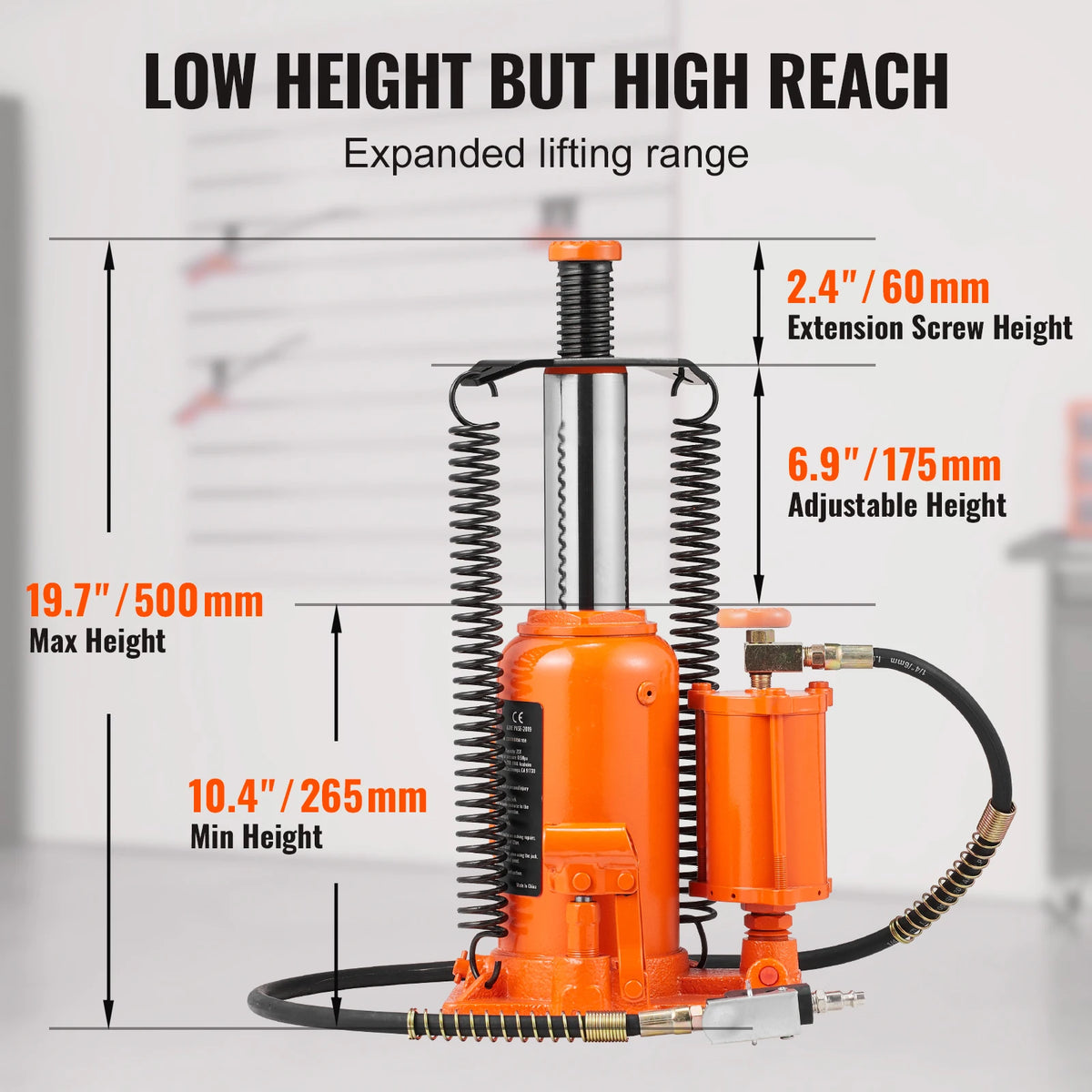 Car Jack - Jack - Garage Jack - Hydraulic Bottle Jack - 20 Ton 265-500 mm - with Manual Lever and Air Pump - for Car Pickup Truck RV Auto Repair