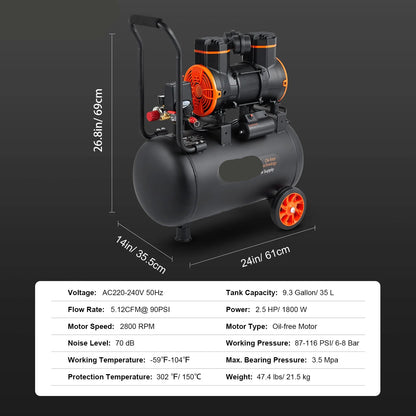 Luchtcompressor - Stille Compressor - Luchtpomp - Olievrije Draagbare Compressor - 35L - 1800W - voor Werkplaats, Auto en Thuisgebruik - Bandenpomp - QUORE