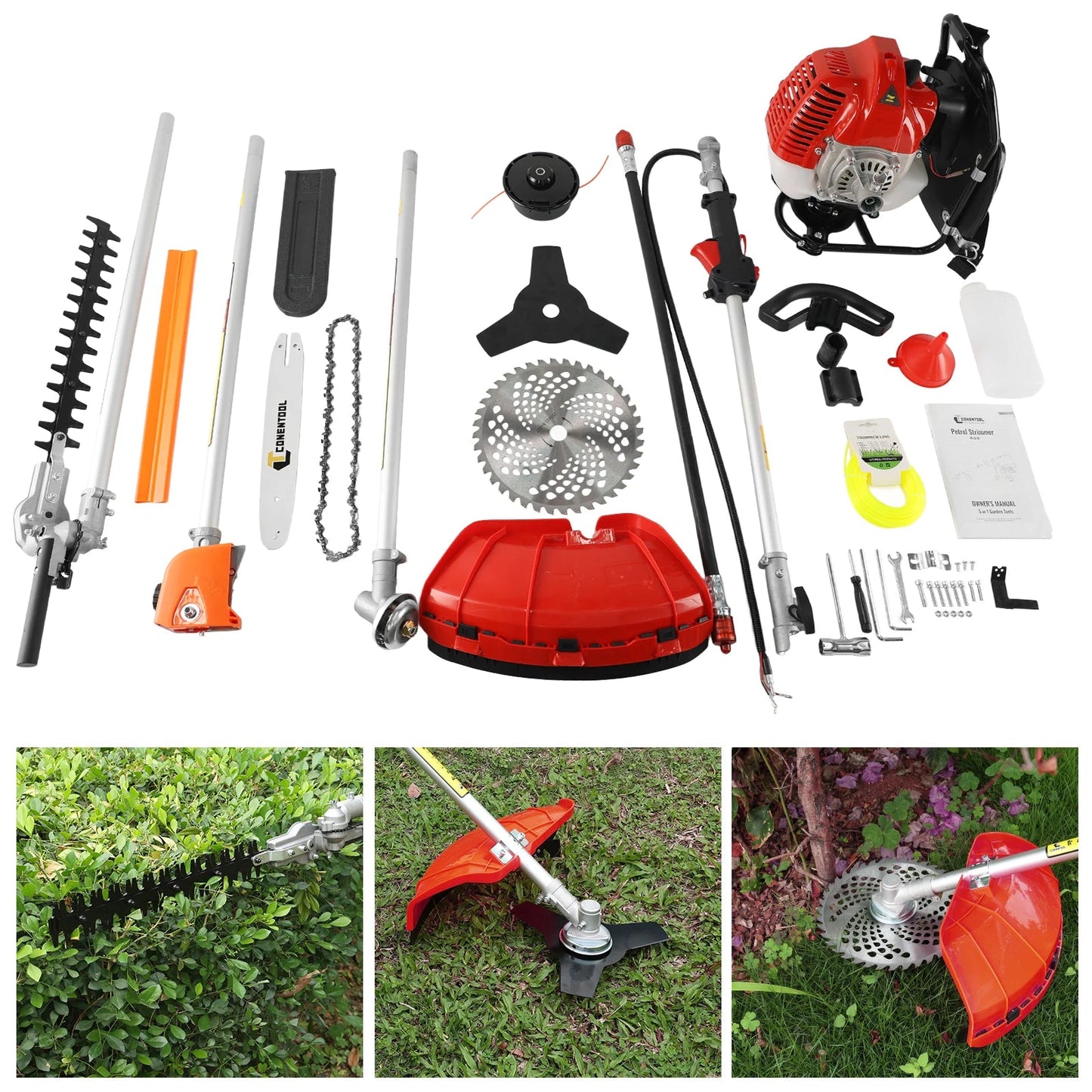 Bosmaaier - Grasmaaier - Grastrimmer - Heggenschaar - Grasschaar - Kettingzaag - 2-Takt 52cc 5-in-1 Benzine Tuingereedschap - met 3T Mes en Verlengstuk