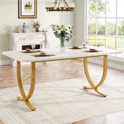 Eettafel – Tafel – Eetkamertafel – Bureau – Ontbijttafel – 160 Cm – Marmerlook – Gouden Metalen Poten - Zwart
