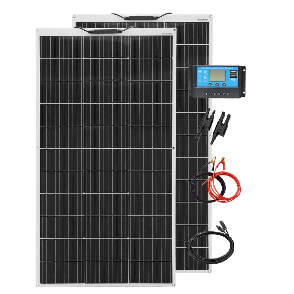 Zonnepaneel - Zonnepaneelset - Zonnepaneelkit - Flexibel - Fotovoltaïsch - met Controller - PV-connector - Krokodillenklem - 2-in-1-Adapter - voor Camperaccu - Thuislader - Camping - Noodsituatie - 240W - Zwart