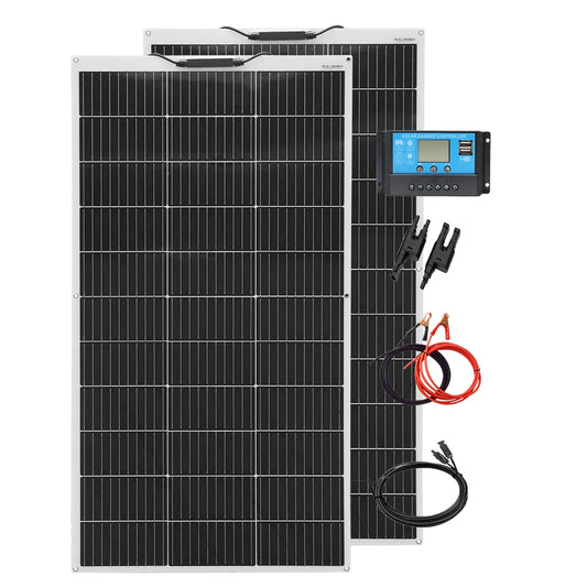 Zonnepaneel - Zonnepaneelset - Zonnepaneelkit - Flexibel - Fotovoltaïsch - met Controller - PV-connector - Krokodillenklem - 2-in-1-Adapter - voor Camperaccu - Thuislader - Camping - Noodsituatie - 240W - Zwart