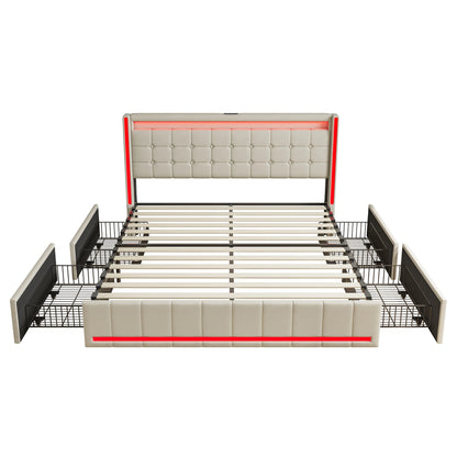 Bedkast – Bed Met Opbergruimte – Bed Met Lade – Bed Met USB – Bed Met Stopcontact – Led-Verlichting – Robuuste Houten Constructie - 140 x 200 cm - Beige