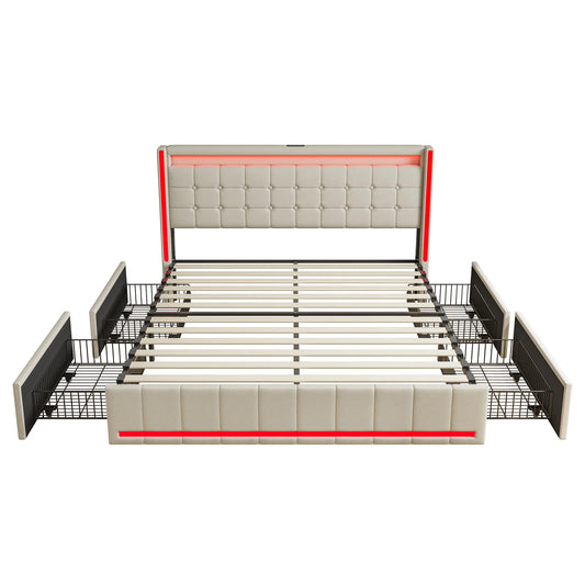 Bedkast – Bed Met Opbergruimte – Bed Met Lade – Bed Met USB – Bed Met Stopcontact – Led-Verlichting – Robuuste Houten Constructie - 140 x 200 cm - Beige