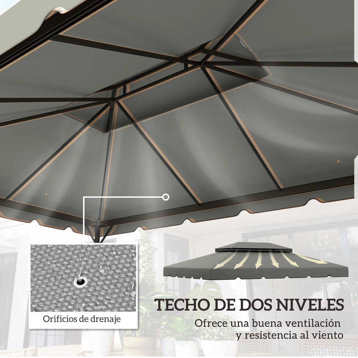 Gazebo - Tuin Dak - Reservedak - 2 Niveaus - Pergola Awning - met 180 g/m² Ademend Anti-UV Polyesterweefsel - PA-Coating - 10 Drainagegaten - Stevig - Durzaam - voor Tuin - Buiten - 3 x 4 m - Lichtgrijs