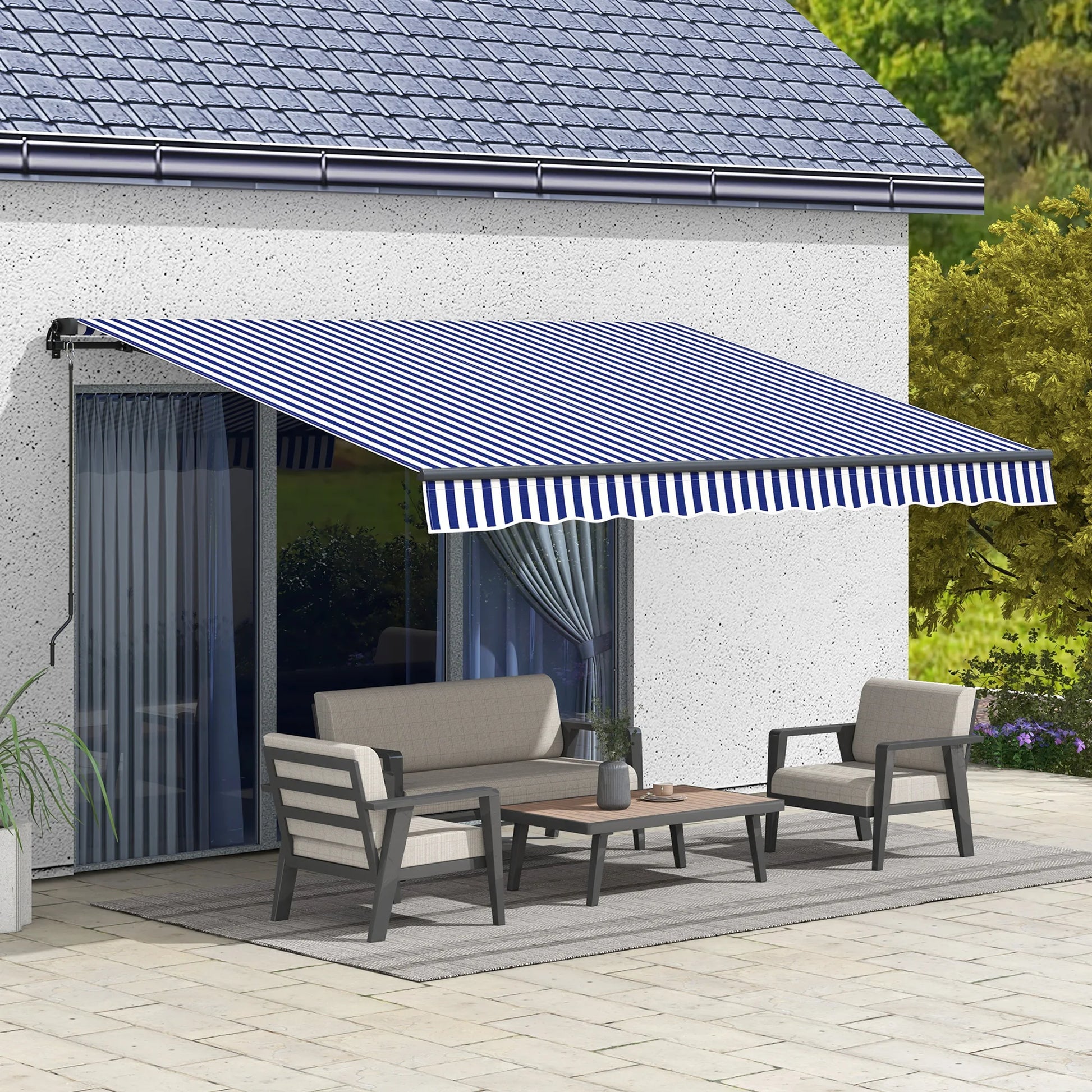 Uitschuifbare Zonwering - Luifel – Zonnescherm – Schaduwdoek – Buitenluifel – Handbediend – Polyester Doek – Aluminium Frame - Blauwe Strepen - QUORE