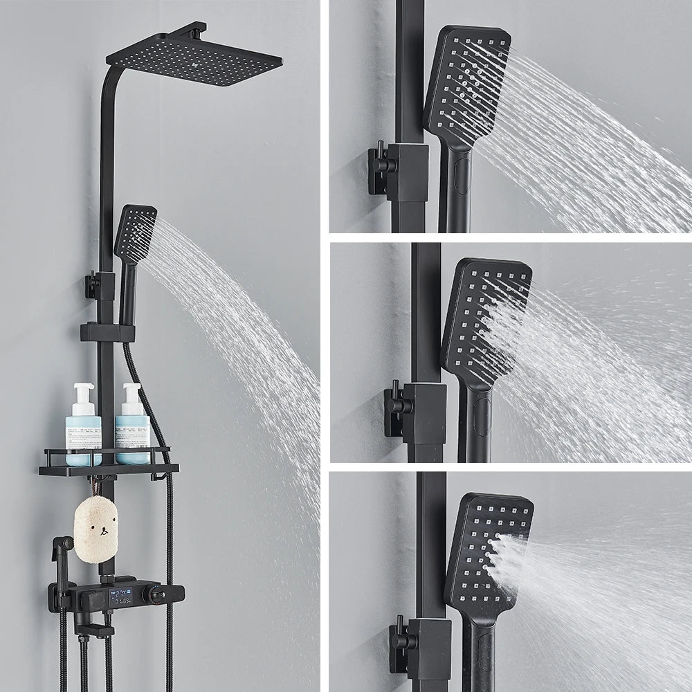 Douchekraan - Douchepaneel - Douche - Regendouches - Regendoucheset met Display, 4-Wegs Systeem, Plank & Bidetfunctie - Digitale Thermostatische - Zwarte