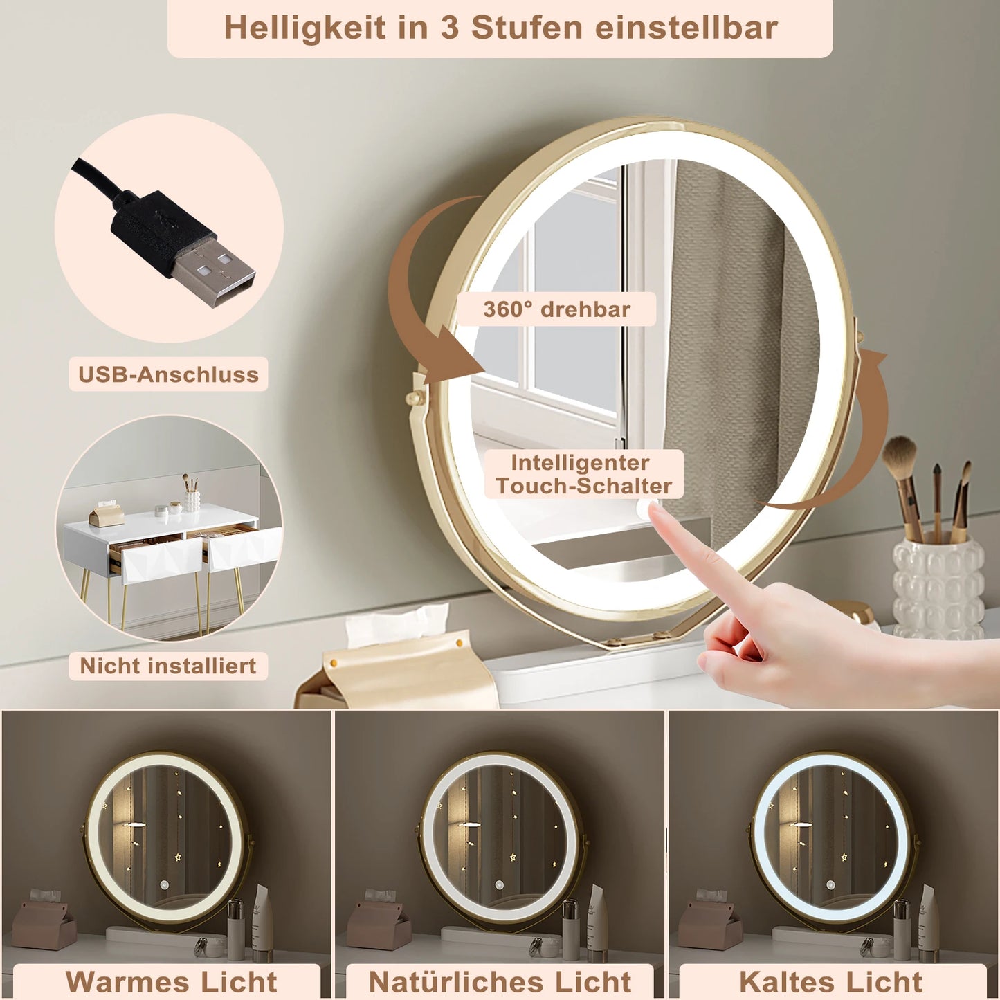 Make-up Tafel – Kaptafel – Vanity Table – Dressoir – Make-up Bureau – Wit Goud – LED Spiegel 3 Lichtstanden – Comfortabele Velvet Stoel Met Verstelbare Rugleuning