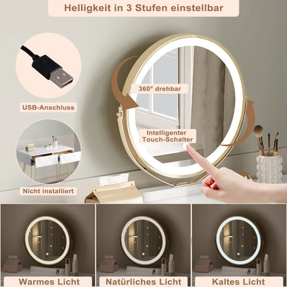 Make-up Tafel – Kaptafel – Vanity Table – Dressoir – Make-up Bureau – Wit Goud – LED Spiegel 3 Lichtstanden – Comfortabele Velvet Stoel Met Verstelbare Rugleuning