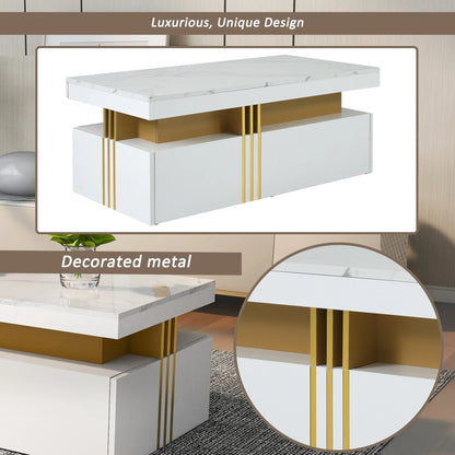 Salontafel – Sofa Tafel – Bijzettafel – Werktafel – Met 2 Ruime Lades – MDF Met Melamine Coating - 100 x 50 x 40 cm - Wit-Goud