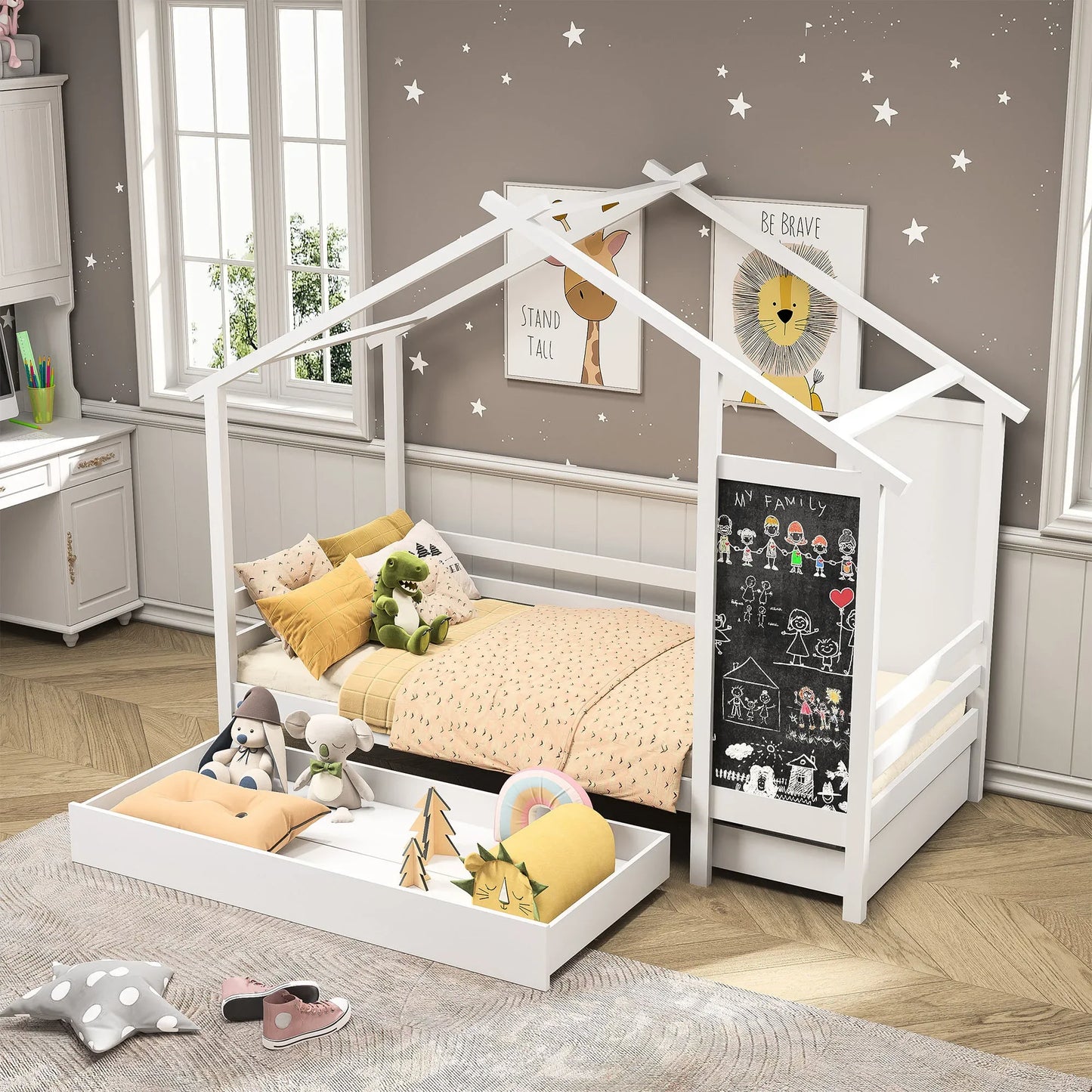 Kinderbed – Huisbed – Speelbed – Kinderhuisbed – Massief Dennenhout – 2 Opberglades – Veilig Ontwerp