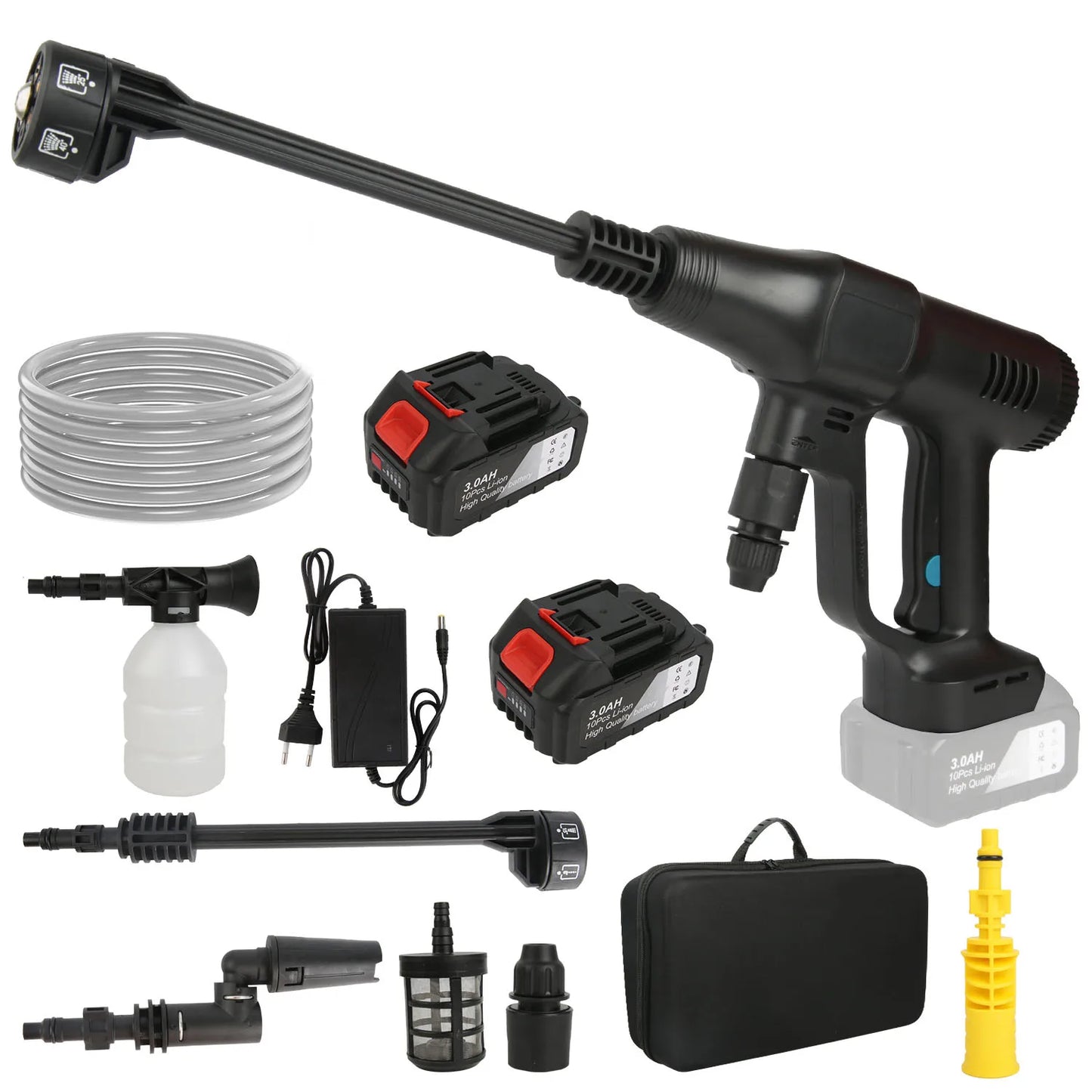 Hogedrukreiniger - Hogedruk Auto-Wasser - Hogedrukspuit - Draadloze - 3500W - 18V - 200Bar - 6-in-1 Mondstuk - 2 Accu - Zwart