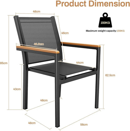 Tuinstoelen – Stapelbare Stoelen – Tuinmeubilair – Buitenstoelen – Aluminium Frame – Ademend Textilene – Weerbestendig - Set van 6 - Zwart