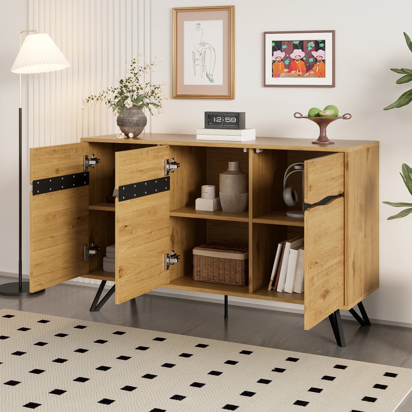 Modern Dressoir – Wandkast – Buffetkast – Opbergkast – Sideboard – Houten Design – Metalen Poten – 140x40x75,5 cm – Ruime 3-Deurs Opbergruimte