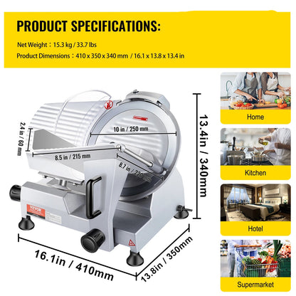Vleessnijmachine - Snijmachine - Elektrische - 240W - Commerciële - met 10" Stalen Mes en 350-400 RPM Snelheid