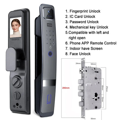 Slimme Deurslot – Elektronisch Slot – WiFi Deurslot – Gezichtsherkenningsslot – Contactloos Ontgrendelen – HD Videodeurbel Met Nachtzicht - Gezicht Herkenning - 24x280