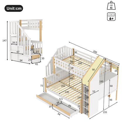 Hoogslaper – Stapelbed – Kinderbed – Mezzaninebed – Zolderbed – Tweepersoonsbed 90x200 & 140x200 cm – Massief Houten Frame – Met Ladder & 2 Opberglades – Zonder Matras
