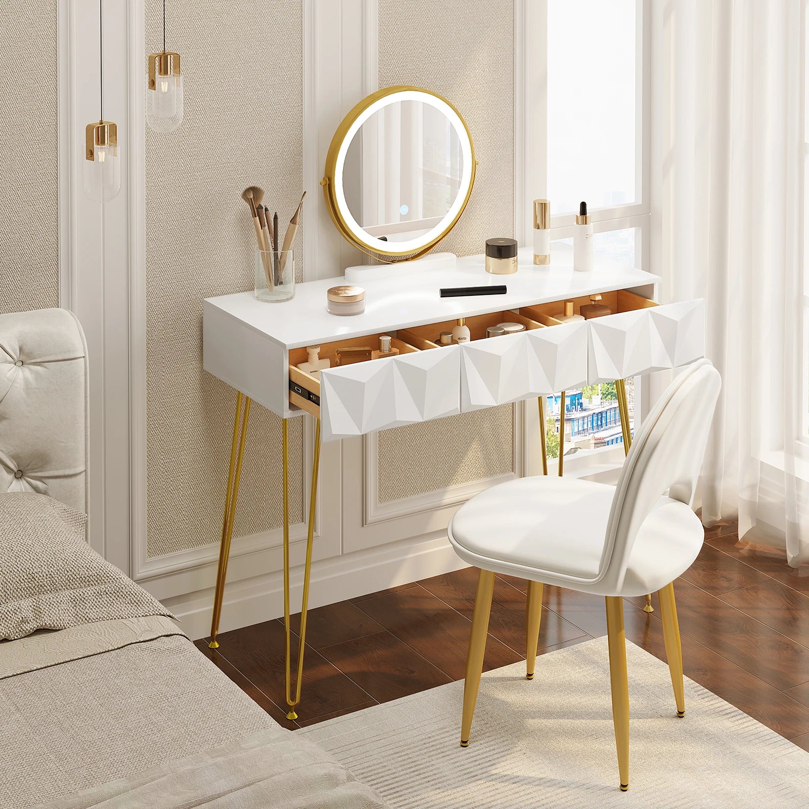 Make-Uptafel – Make-Up Meubel – Schminktafel – Beautytafel – Met Led-Verlichting – 3 Ruime Laden – Velvet Stoel - QUORE
