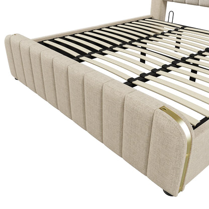 Eenpersoonsbed – Slaapbank – Kinderbed – Opklapbed – Logeerbed – Hydraulische Lift – Opbergruimte – 160x200 cm – Katoenen Hoofdeinde – Metalen Frame - QUORE