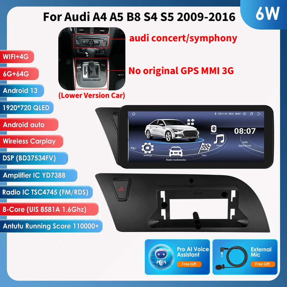 Hizpo AI Voice WIFI 4G-LTE Android 13 Car Radio for Audi A4 A5 B8 S4 S5 2009-2016 Multimedia Video Player GPS 2din BT Autoradio