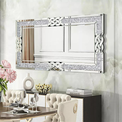 Wandspiegel - met Crushed Diamond Rand - Spiegel - Luxe Zilveren - Decoratieve - Rechthoekig - Sprankelende Diamanten Rand - Sterk Verpakt