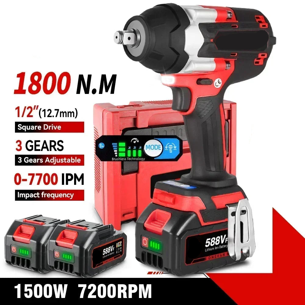Slagmoersleutel - met Accu - Slagschroevendraaier - Brushless - Elektrische - Torque - 1800Nm Draadloze - 1/2 Inch - 18V Batterij - Handgereedschap - 1 Batterij