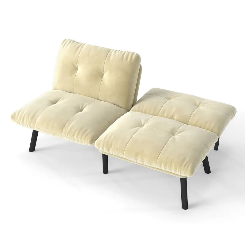 Cream-colored, foldable modern sofa bed – 2-seater futon couch with sleeping function, space-saving guest bed