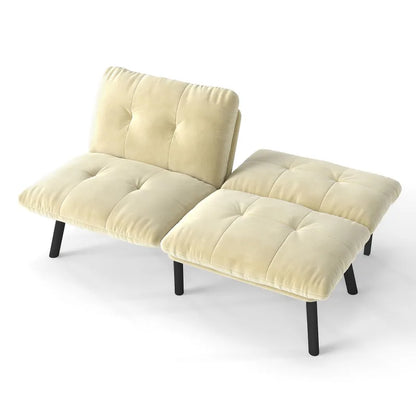 Cream-colored, foldable modern sofa bed – 2-seater futon couch with sleeping function, space-saving guest bed