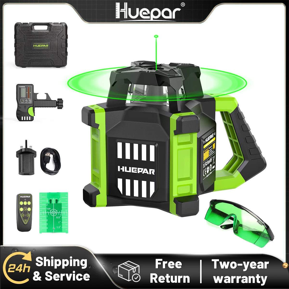 Huepar RL300HVG Electronic Green Rotary Laser Level + Plumb Points Self-Leveling Rotary Laser Set With Receiver & Remote Control