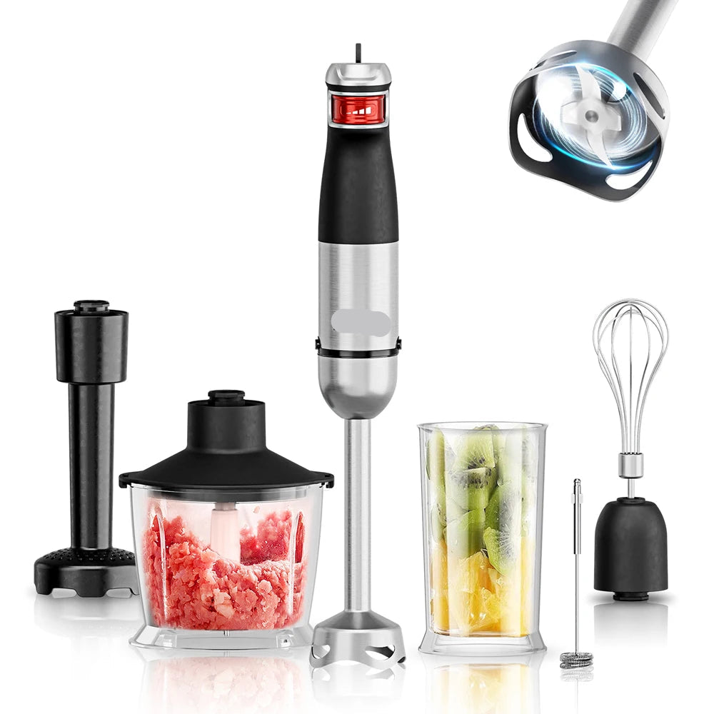 Staafmixer - 6-in-1 - 1200W - Handblender - Elektrisch - Roestvrijstalen Messen - Opzetstukken voor Kloppen - Hakken en Pureren - Foodprocessor - 18,000RPM - Zwart - QUORE