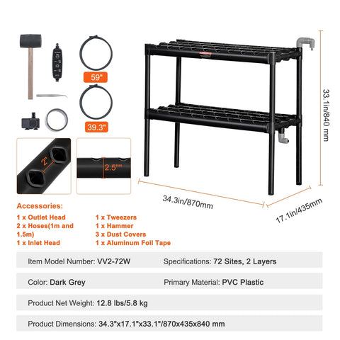 Hydrocultuur -Hydrocultuursysteem - Kweektafel -Hydrocultuurvoeding - Moestuintafel - Hydrocultuurkweeksysteem - 72 plaatsen 2 lagen - met watertimer manden en sponzen