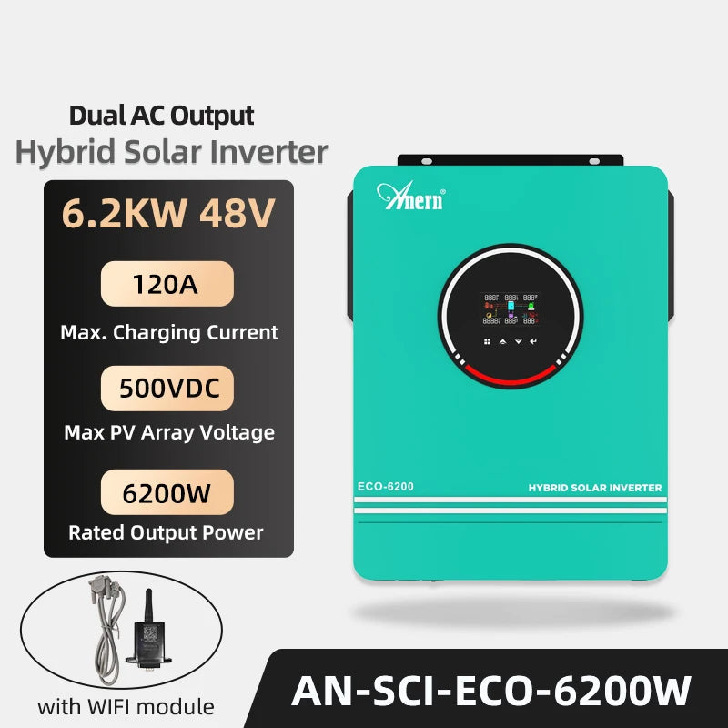 Hybride Zonne-Energie Omvormer – Zonne-Omvormer – Solar Inverter – Off-Grid Omvormer – Netgekoppelde Omvormer – 6,2 KW Vermogen – WiFi Monitoring - QUORE