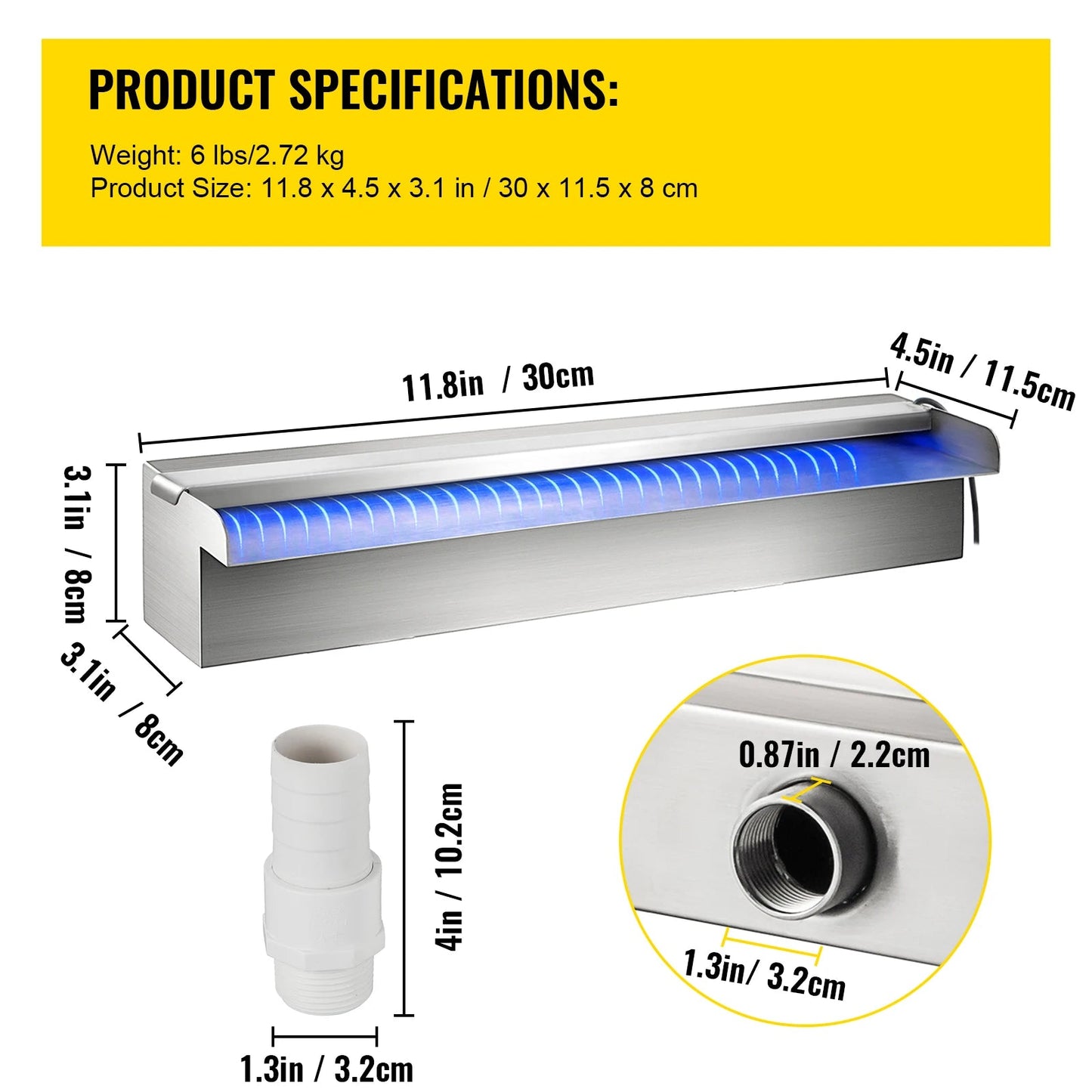 Waterval Fontein - Zwembad - Afstandsbediening - RVS - Waterval Overlaat - Kamerfontein  - Binnen & Buiten - met LED-verlichting - SW300 LED Waterfall voor Zwembad of Tuin – Waterpartij met Kleurrijke LED-strip