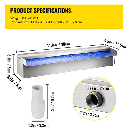 Waterval Fontein - Zwembad - Afstandsbediening - RVS - Waterval Overlaat - Kamerfontein  - Binnen & Buiten - met LED-verlichting - SW300 LED Waterfall voor Zwembad of Tuin – Waterpartij met Kleurrijke LED-strip