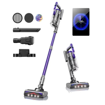 Stofzuiger - Draadloze Stofzuiger - Zonder zak - Aanpasbare Zuigkracht - 38000PA - LED Scherm - Handheld Verwijderbare - 450W - Paars
