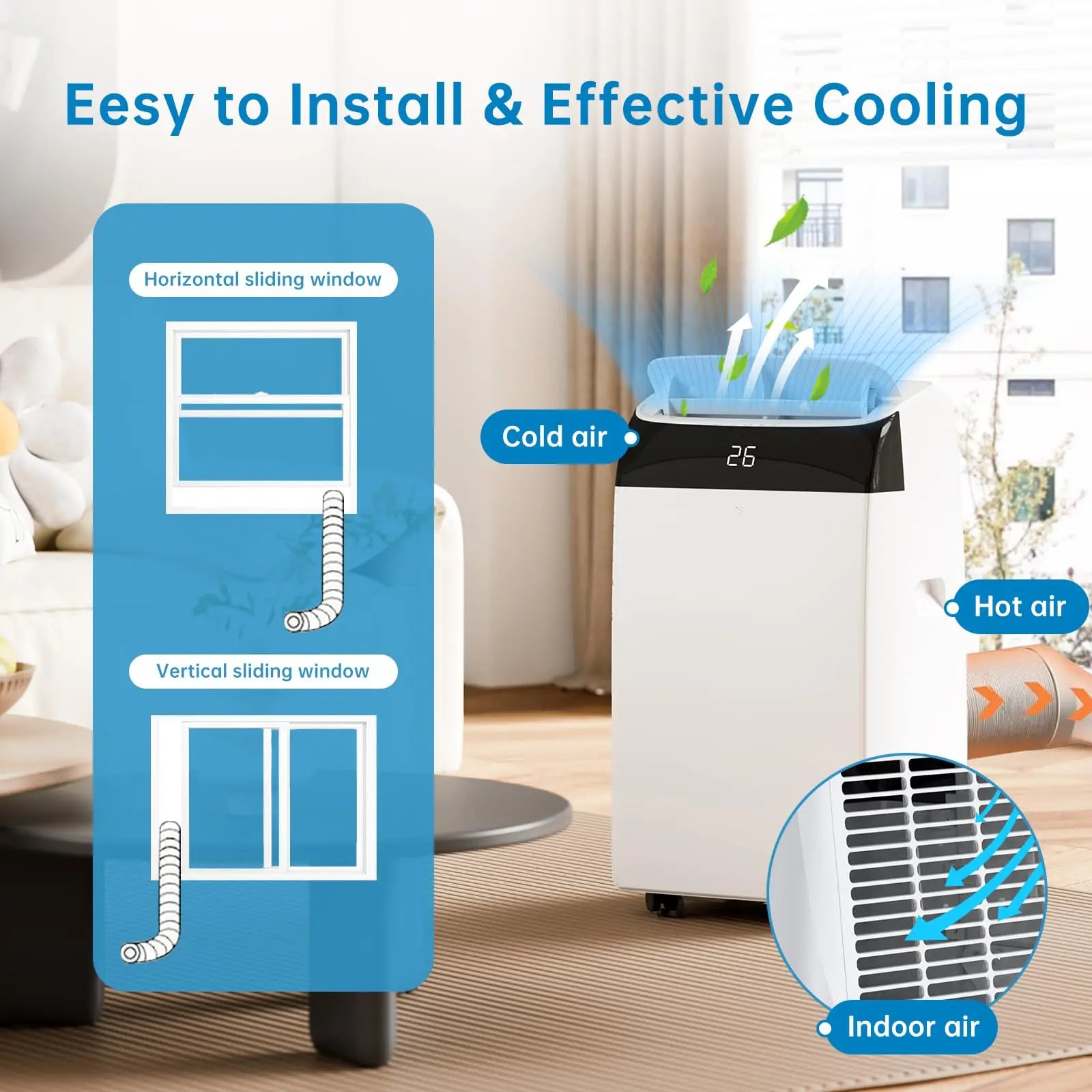 Draagbare Airconditioner – Mobiele Airco – Koelventilator – Ontvochtiger – 12.000 BTU – 50 m² – Stil Geluid - Witte Bovenkant - QUORE