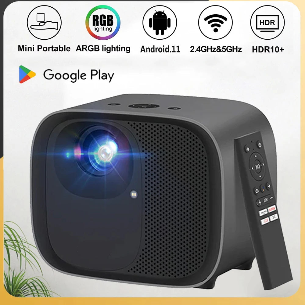 Mini Beamer - Projector - Digitale Beamer - Draagbaar - 1080P - LED - Met Autofocus - 2.4GHz & 5GHz WiFi - 600 ANSI - 4K Decoding - HDMI - AV & Audio Out - 19V DC - USB - 90W - 16.8 x 13.5cm - Zwart