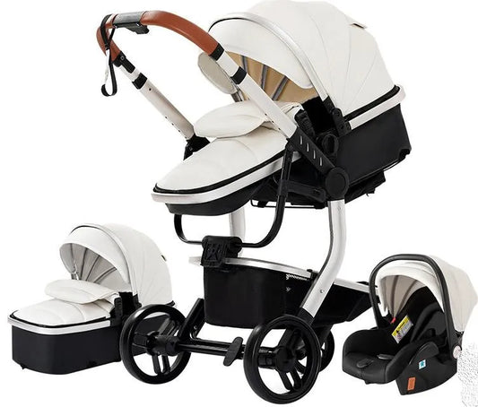 3-in-1 Opvouwbare Kinderwagen - Babywagen - Poussette - Buggy - Pram - Wandelwagen - PU Leren Bekleding – Inclusief Autostoel – Lichtgewicht & Multifunctioneel – Wit
